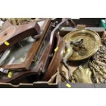 TWO TRAYS OF ASSORTED BRASS AND METAL WARE TO INCLUDE VARIOUS GILT METAL TABLE EASEL, BELLS WITH
