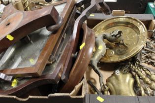 TWO TRAYS OF ASSORTED BRASS AND METAL WARE TO INCLUDE VARIOUS GILT METAL TABLE EASEL, BELLS WITH