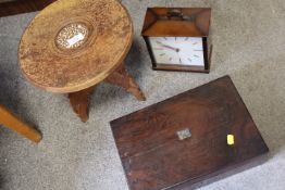 A VINTAGE SMITHS MANTLE CLOCK TOGETHER WITH A WOODEN WORK BOX AND A CONTINENTAL WOODEN PLANT STAND(