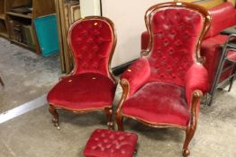 A VICTORIAN MAHOGANY GENTLEMANS & LADIES CHAR WITH SMALL STOOL