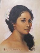 A UNFRAMED OIL ON CANVAS PORTRAIT OF A LADY SIGNED LOWER LEFT