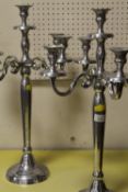 A PAIR OF CHROME EFFECT FIVE BRANCH CANDELABRA
