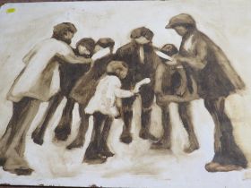 AN UNFRAMED PAINTING ON BOARD NORTHERN INDUSTRIAL SCHOOL WITH FIGURES AND CHILDREN