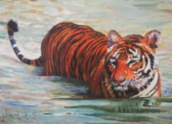 A GILT FRAMED LIMITED EDITION ROLF HARRIS PRINT OF A WADING TIGER IN WATER 67/195