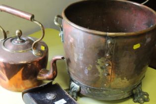 A VINTAGE COPPER AND BRASS TWIN HANDLED TRUG WITH LION PAW FEET TOGETHER WITH A KETTLE AND A CAMERA