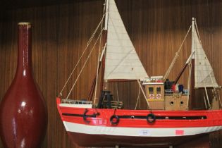 SCRATCH BUILT WOODEN SHIP ON STAND 59 cm LENGTH 62 cm HEIGHT