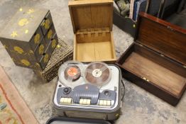 A COLLECTION OF WOODEN BOXES TO INCLUDE A REEL TO REEL PLAYER
