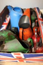 A SELECTION OF TOOLS TO INCLUDE TAPS AND DYES, GAS CUTTING WELDING TOOLS, OIL CANS AND DRILL BITS