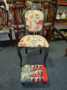 AN UPHOLSTERED 'ELVIS' THEMED CHAIR AND SMALL FOOTSTOOL