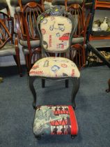 AN UPHOLSTERED 'ELVIS' THEMED CHAIR AND SMALL FOOTSTOOL