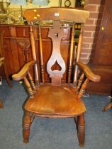A TRADITIONAL KITCHEN ARMCHAIR (REDUCED), TOGETHER WITH AN ANTIQUE OAK CHAIR