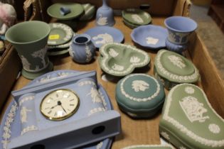 A TRAY OF ASSORTED WEDGWOOD JASPERWARE TO INCLUDE A DANCING HOURS STYLE CLOCK