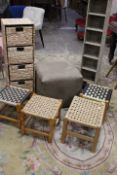 FOUR SMALL WICKER STOOLS, A CUBE STOOL, STORAGE BOX AND TWO WICKER UNITS