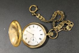 AN ELGIN GOLD PLATED FULL HUNTER POCKET WATCH & CHAIN