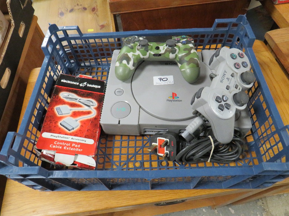 A TRAY CONTAINING PLAYSTATION 1 AND TWO HAND CONTROLLERS - Image 2 of 2