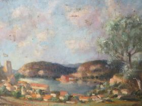 A CONTINENTAL SCHOOL IMPRESSIONIST COASTAL SCENE WITH VILLAGE ISTRES L'ETANG JE L'OLIVIER