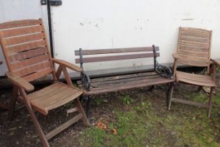 HARDWOOD / CAST GARDEN BENCH WITH 2 GARDEN LOUNGER CHAIRS