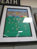 A FRAMED AND GLAZED PAINTING BY GORDON BARKER OF A RUGBY MATCH