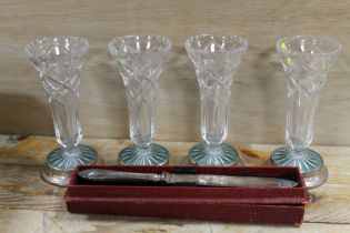 FOUR HALLMARKED SILVER BASED VASES TOGETHER WITH A CAKE KNIFE