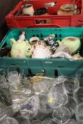 THREE TRAYS OF ASSORTED CERAMICS AND GLASS TO INCLUDE OWL FIGURES