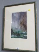 A FRAMED AND GLAZED IMPRESSIONIST WATER COLOUR OF A BIRD UPON STORMY COASTAL ROCKS SIGNED LOWER