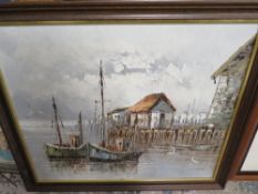 A FRAMED IMPRESSIONIST OIL ON CANVAS OF A HARBOUR SCENE SIGNED LOWER RIGHT W JONES TOGETHER WITH A