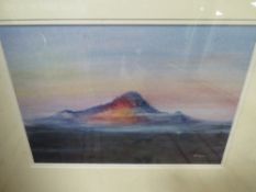 A FRAMED AND GLAZED WATERCOLOUR ENTITLED EVENING CARN LLIDI SIGNED LOWER RIGHT DAVID DIXON