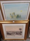 A GILT FRAMED AND GLAZED PRINT OF A VIEW OF BIRMINGHAM FROM HIGHGATE FIELDS TOGETHER WITH A