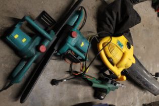 SELECTION OF ELECTRIC GARDEN TOOLS TO INCLUDE LEAF VAC, 2 BOSCH CHAIN SAWS AND A BLACK AND DECKER