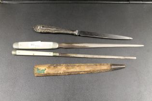 TWO ANTIQUE COMBINED QUILL KNIFE / LETTER OPENERS PLUS A SILVER HANDLED LETTER OPENER