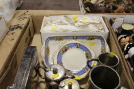 A TRAY OF SUNDRIES TO INCLUDE A SILVER PLATED CIGARETTE BOX ETC
