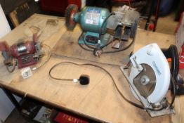 DRAPER BENCH GRINDER / POLISHER TOGETHER WITH ANOTHER BENCH GRINDER AND POWER SAW
