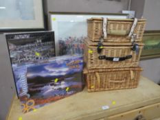 THREE WICKER PICNIC HAMPERS TOGETHER WITH TWO UNOPENED JIGSAWS