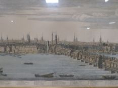 A FRAMED AND GLAZED BIRDS EYE VIEW COLOURED ENGRAVING OF LONDON BRIDGE TOGETHER WITH TWO GILT FRAMED