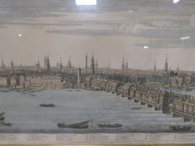 A FRAMED AND GLAZED BIRDS EYE VIEW COLOURED ENGRAVING OF LONDON BRIDGE TOGETHER WITH TWO GILT FRAMED