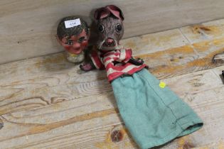 A VINTAGE HAND PUPPET OF A RODENT TOGETHER WITH A PAPIER MACHE PUPPET HEAD