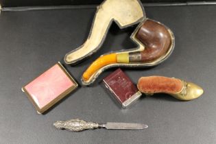 A SILVER MOUNTED PIPE WITH AMBER STEM, PIN CUSHION TAPE MEASURE A/F ETC