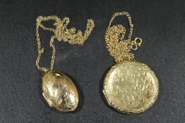 A HALLMARKED 9 CARAT GOLD LOCKET ON AN UNMARKED CHAIN TOGETHER WITH A 9CT FRONT AND BACK EXAMPLE