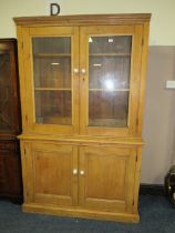 AN ANTIQUE PINE GLAZED HOUSEKEEPERS CUPBOARD - H 210 cm, W 132 cm