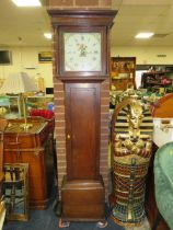 A SMALL ANTIQUE 30 HOUR LONGCASE CLOCK WITH WEIGHT AND PENDULUM