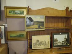 A NAIVE OIL ON BOARD BY LING THATCHER PLUS A PAIR OF PRINTS AND TWO STAFFORD PICTURES (5)