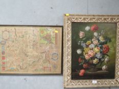 A FRAMED OIL ON BOARD STILL LIFE OF FLOWERS TOGETHER WITH A FRAMED AND GLAZED MAP OF STAFFORDSHIRE