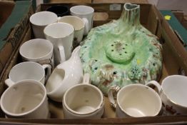 A TRAY OF CERAMICS TO INCLUDE A UNUSUAL RADFORD CERAMIC DISH WITH PIERCED HOLES FROG AND LILY PAD