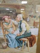 A GILT FRAMED AND GLAZED ANTIQUE WATERCOLOUR OF A COUPLE IN A KITCHEN SIGNED LOWER RIGHT FERRINI
