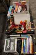 THREE TRAYS OF ASSORTED VINTAGE TOYS, ANNUALS AND VINTAGE DOLLS