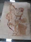 AN EARLY OLD MASTER STYLE DRAWING OF A FIGURE AND HARP SEPIA WATER COLOUR