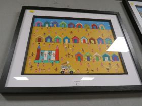 A FRAMED AND GLAZED GORDON BARKER PAINTING OF BEACH HUTS