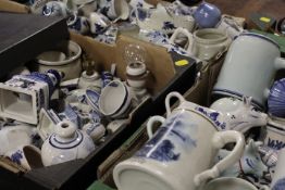 THREE TRAYS OF MAINLY DUTCH BLUE/WHITE CERAMICS TO INCLUDE COW CREAMERS , WINDMILLS ETC