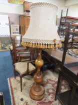 LARGE TURNED WOODEN STANDARD LAMP RETRO SHADE