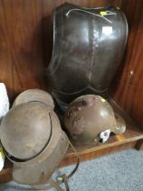 THREE PIECES OF REPRODUCTION ARMOUR TO INCLUDE TWO LOBSTER TAIL HELMETS AND A BREAST PLATE